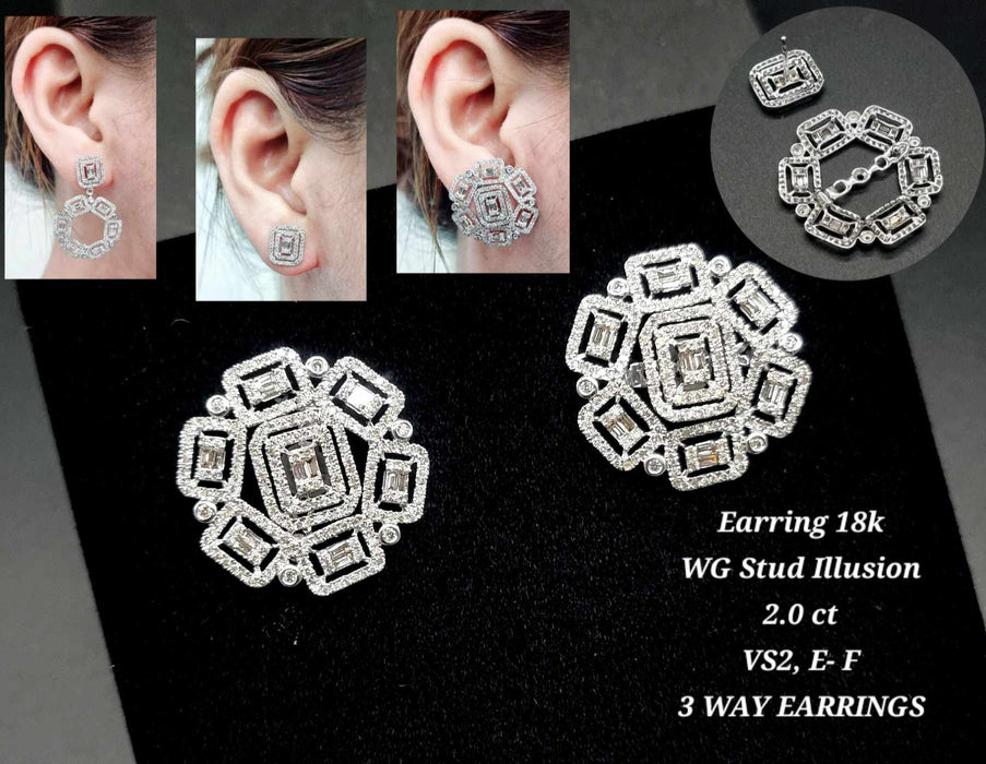 3 Way Diamond Stud Earring in White Gold Setting