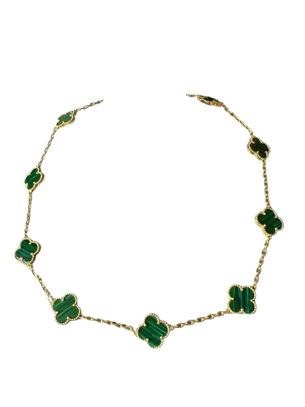 18K Gold Green Clover 10 Motif Necklace 14mm